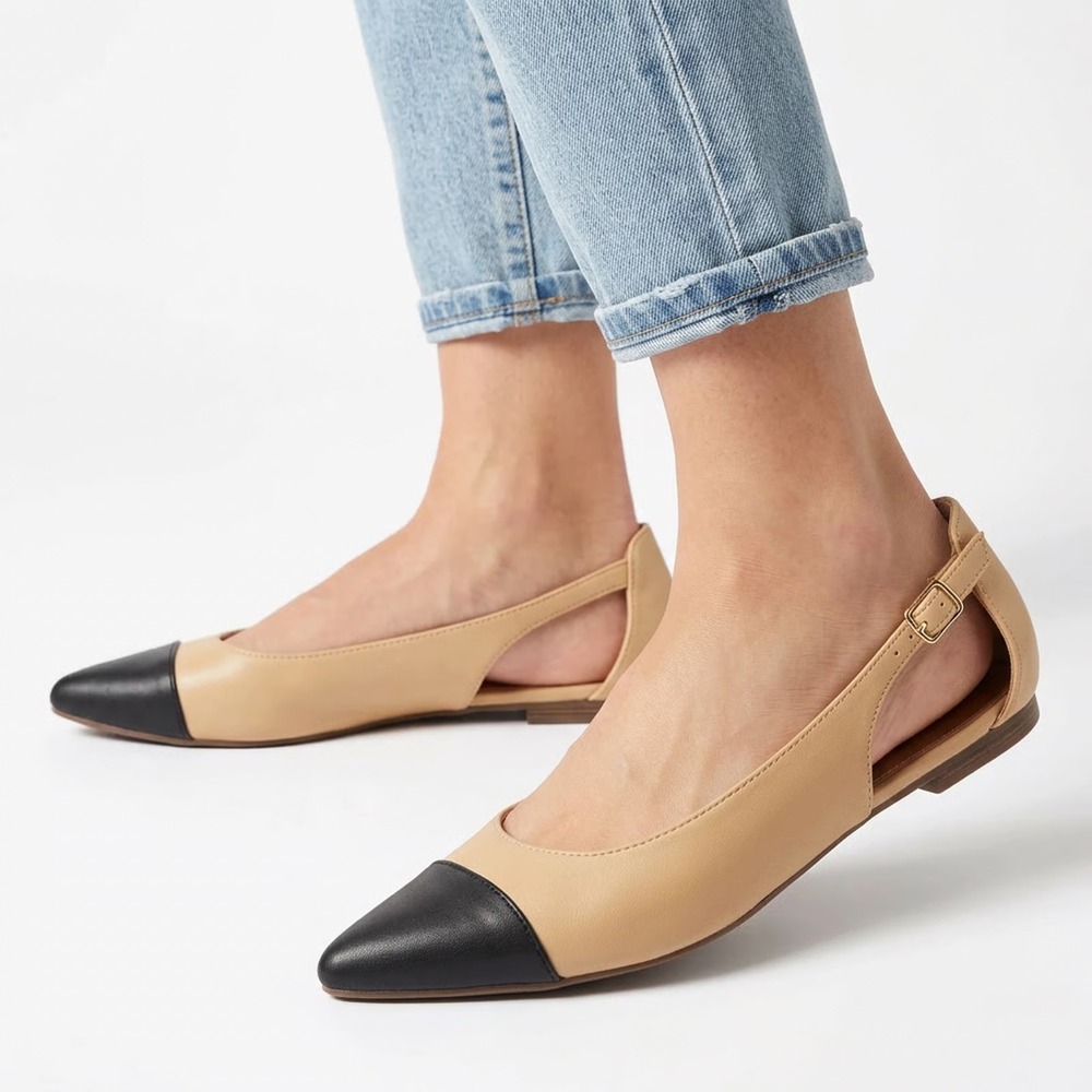 Old Navy Womens Tan Black Cap Toe Pointed d'Orsay Flats Shoes Size 8.5
